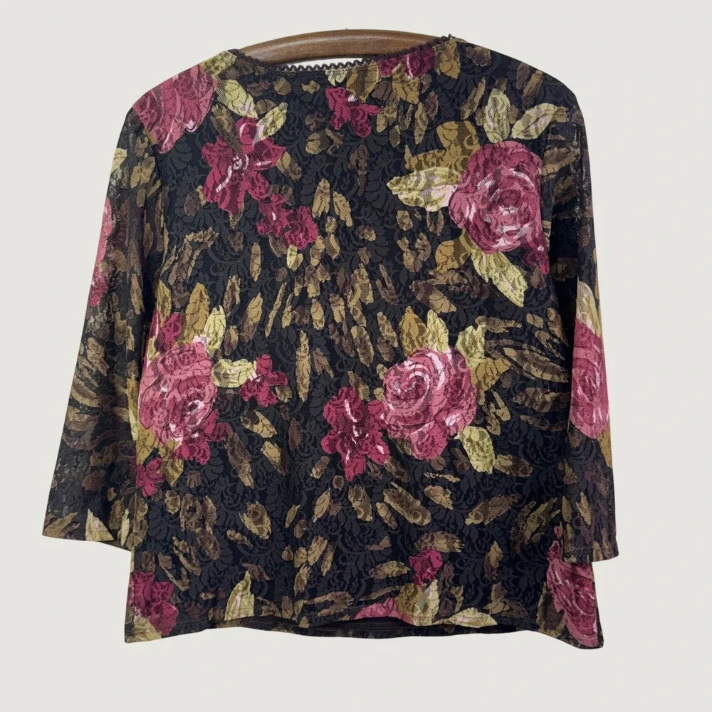 B.I.Y.A.Y.C.D.A Y2K Boho Floral Lace V-Neck Top Womens Size XL Brown Pink Blouse - Picture 2 of 9